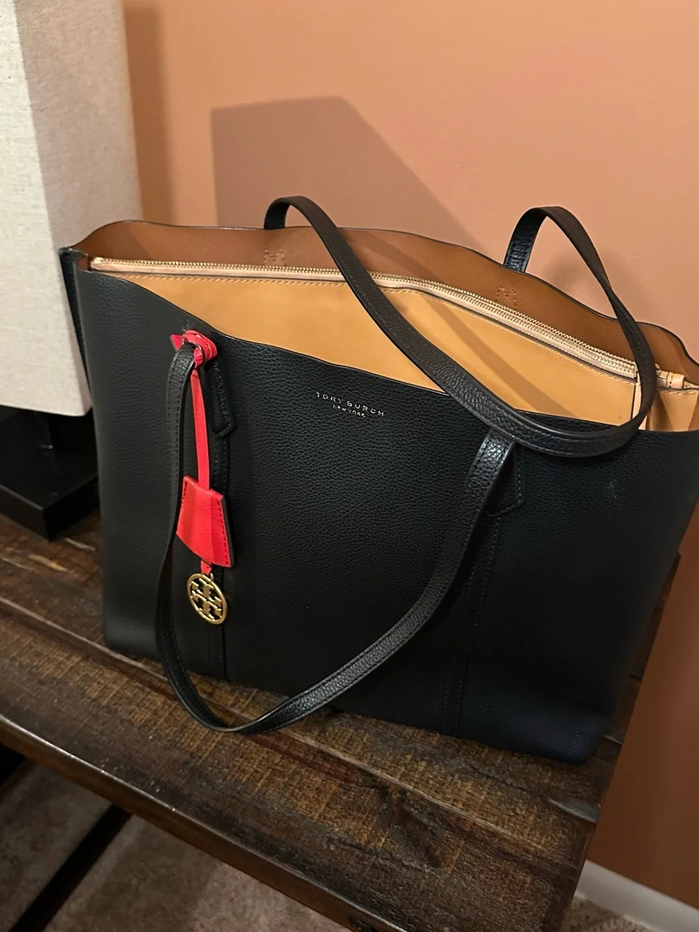 TORY BURCH | Perry 3 Compartment Tote Black Tan Interior Red Logo Charm Gold